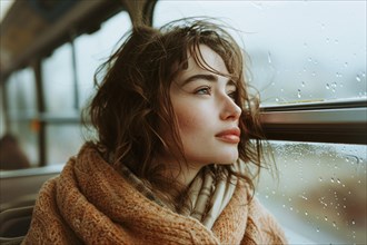 Close-up of a serene woman by a rainy window, wind in her hair, AI generated