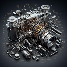 Detailed exploded view of a vintage camera and various lenses, showcasing all components on a dark