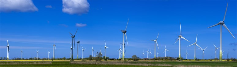 Wind turbines in the Norden wind farm on the North Sea coast, panoramic photo, Norden, East Frisia,