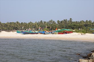Colourful fishing boats on Marari Beach, Mararikulam, Alappuzha district, Kerala, India, Asia