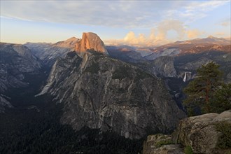 View from the viewpoint of Half Dome and Yosemite Valley during sunset in partial shade, Yosemite