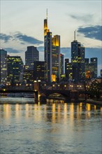 Skyline and banking district at sunset, twilight, Tower 185, Commerzbank, HelaBa, Hessische