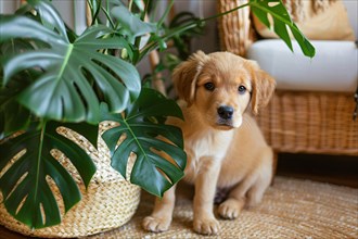 Dog puppy sitting next to tropical houseplants. KI generiert, generiert, AI generated