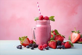 Pink smoothie surrounded by berry fruits. KI generiert, generiert, AI generated