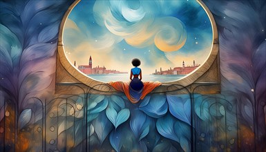 Artistic illustration of a woman in a vibrant, dreamlike setting overlooking a starlit city, AI