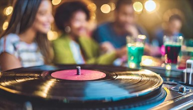 Group of people enjoying music with a vinyl record playing on a turntable, AI generated