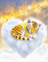Peaceful portrayal of a sleeping tiger cub, surrounded by billowy clouds and a gentle golden light,