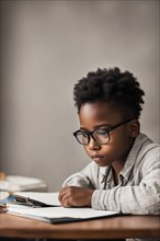 Focused boy with glasses diligently doing homework, embodying concentration, AI generated