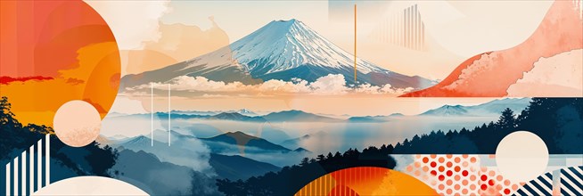 Modern graphic representation of Mount Fuji with sunrise and fog, Japan, AI generated, AI
