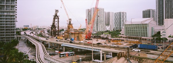 View on Miamis new I-395 signature bridge construction site, Miami, Florida, US