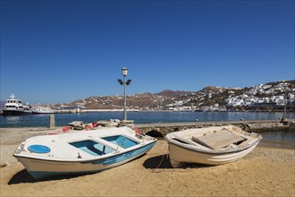 Beached fishing boats, Old harbour, Mykonos Town, Mykonos Island, Greece, Europe
