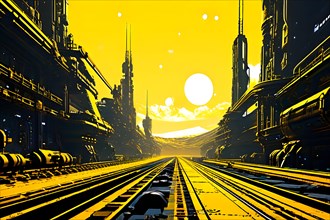AI generated industrial futuristic landscape merging with ecopunk aesthetics in yellow colors