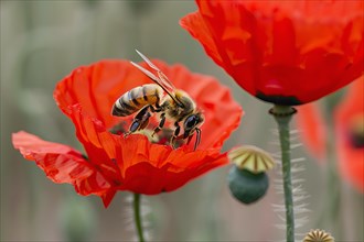 Honeybee foraging a red poppy, AI generated