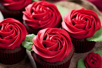 Cupcakes with red rose shaped frosting. KI generiert, generiert, AI generated