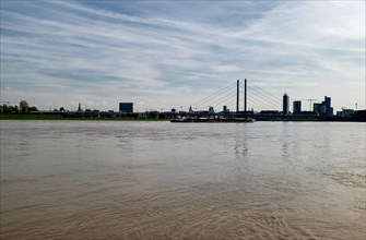 View from Paradiesstrand, Duesseldorf harbour to Rehinkniebruecke and right bank of the Rhine,