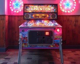 Realistic pinball machine with lit-up backgrounds in a dark arcade setting, AI Generated, AI