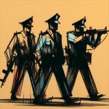 Stylized sketch of three marching soldiers in a unified formation, AI generated