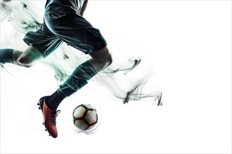A soccer player dribbles and kicks a ball on a field double exposure style, AI generated
