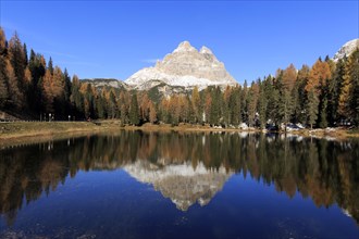 Calm water surface of a lake in the midst of autumnal forests reflects a mountain, Italy, South