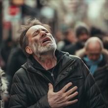 A desperate man holds his chest on a busy street and looks up, AI generated