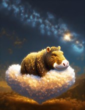 Charming depiction of a grinning capybara lounging on a soft cloud beneath a starry night sky, AI
