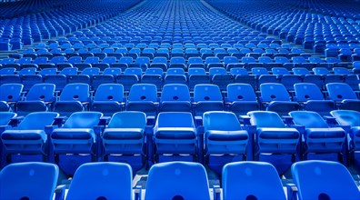 Big empty stadium full of blue seats, AI generated