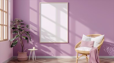 A blank image frame mockup on a soft lilac wall AI generated