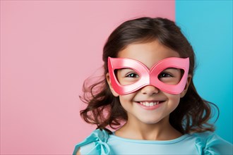 Young smiling girl with pink superhero face mask. KI generiert, generiert, AI generated