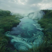 Toxic wastewater flowing through a green landscape creates an eerie atmosphere, pollution,