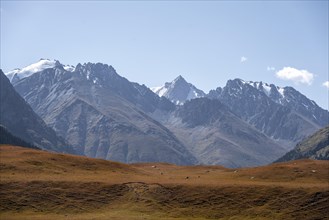 Landscape with high mountains and glaciers in the Tien Shan, mountain valley, Issyk Kul,