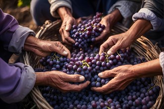 AI generated close up of workers hands delicately select ripened clusters of ripe grapes
