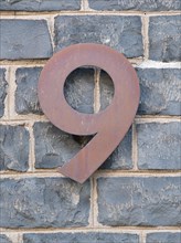 House number plate, number 9, digit, anniversary, birthday, North Rhine-Westphalia, Germany, Europe