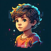 AI generated boys human head digitalised in pixel art style presenting a mosaic of vibrant hues in