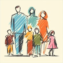 A simplistic and abstract sketch portraying a colorful family group, AI generated