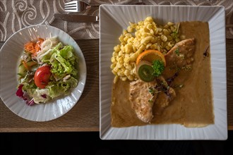 Pork schnitzel with spaetzle and salad plate, Franconia, Bavaria, Germany, Europe
