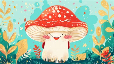 A whimsical, smiling mushroom illustration, surrounded by aqua-colored foliage with red dots, AI