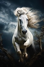 Rearing white horse in thicket, AI generated