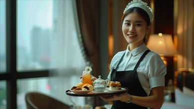 A smiling waitress in uniform holding a tray with food and drink in a luxurious setting, AI