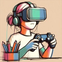 Individual focused on playing a game using virtual reality headset, AI generated