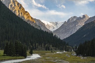 Mountain river, Dramatic mountains with glaciers, Mountain valley, Chong Kyzyl Suu valley, Terskey