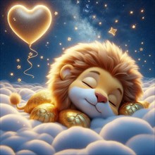 A content lion cub in an astronaut outfit with a heart-shaped balloon among soft clouds, AI