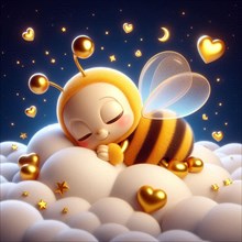 A bee character asleep in clouds, bathed in golden light with stars and hearts around, AI generated