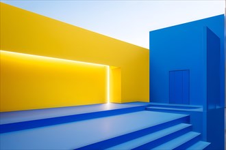 AI generated minimalist architectural shot of yellow and blue walls intersecting around a modern