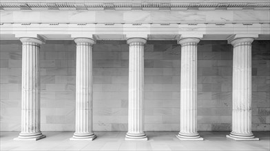 Greyscale image of a row of classical columns in a symmetrical arrangement, AI generated