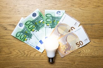 Electric light bulb on money and coins Finance and saving electricity. Concept of saving light and