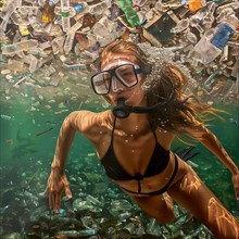Diver swims underwater with plastic waste around her, AI generated