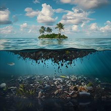 A small island above water, with visible plastic waste below the water surface, AI generated