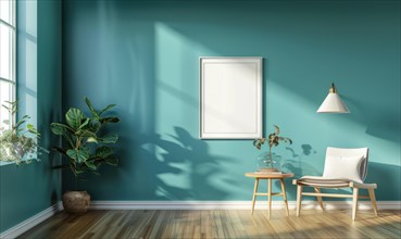 A blank image frame mockup on a teal wall AI generated