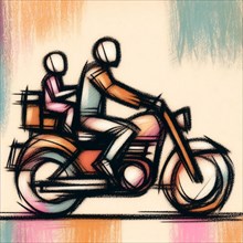 Sketch of two people riding a motorcycle on an abstract colorful background, AI generated
