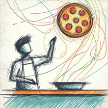 A sketch of someone cooking pizza, surrounded by colorful aroma swirls, AI generated